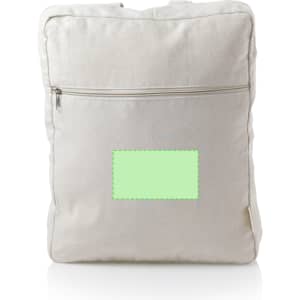 A cream backpack with a front zipper pocket and a blank area for branding.