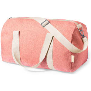 A pink duffle bag with a zipper, featuring dual handles and a detachable shoulder strap. It has a simple brand logo.
