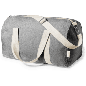 A grey duffel bag with cream straps, featuring a zip closure and branding on the side.
