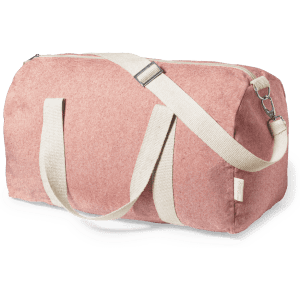 A pink bag with cream handles and a shoulder strap, featuring a zipper and a logo.