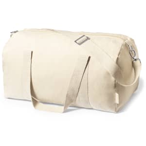 A beige duffel bag with a detachable strap and top zip closure. It features sturdy fabric and has a logo.