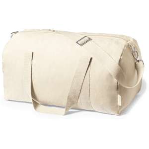 A cream-coloured bag with a zip closure and adjustable straps. It features a logo on the side.