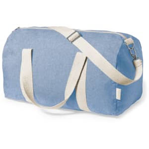A blue duffel bag with cream straps, featuring a zippered closure and a detachable shoulder strap.