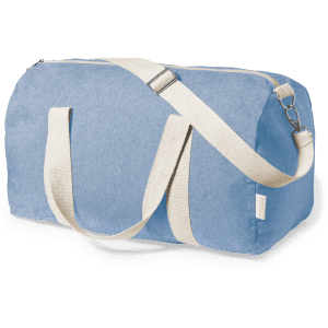 A blue duffel bag with cream straps and a branding label, featuring a zippered closure and an adjustable shoulder strap.