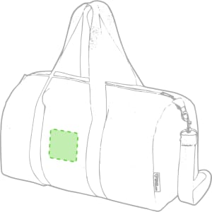 A grey travel bag with two handles and a detachable strap, featuring a logo on the side.
