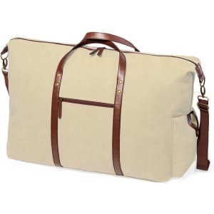 A large beige tote bag with brown leather straps and a front pocket. It features a logo on the side.