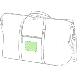 A grey tote bag with a front pocket and a logo, featuring adjustable straps and sturdy handles.