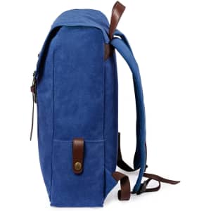 A blue backpack featuring brown accents, with adjustable straps and a side pocket. It has a logo on the front.