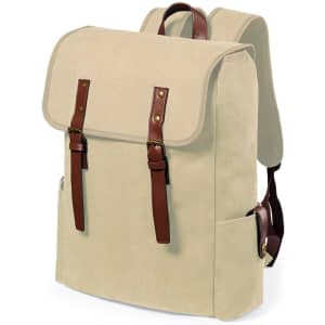 A beige backpack with brown leather straps and accents, featuring a flap and side pockets.