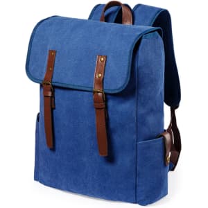 A blue backpack with brown leather straps and detailing, featuring a flap closure and side pockets.