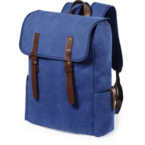 A blue backpack with brown straps and a flap closure, featuring a side pocket and a logo.