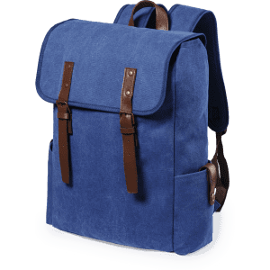 A blue backpack with brown leather straps and accents, featuring a flap closure and side pockets.