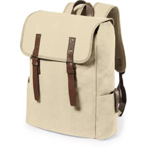 A beige backpack with brown leather straps and detailing, featuring two side pockets and padded shoulder straps.