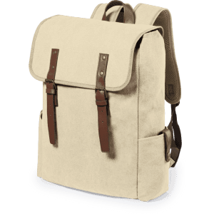 A beige backpack with brown leather straps and a flap, featuring two side pockets and adjustable shoulder straps.