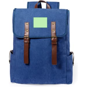 A blue backpack with brown leather straps and a plain area on the front for a logo or name.