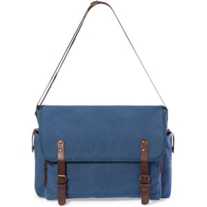 A blue Gibson Document Bag with adjustable leather straps and a flap closure. Features buckles and side pockets.