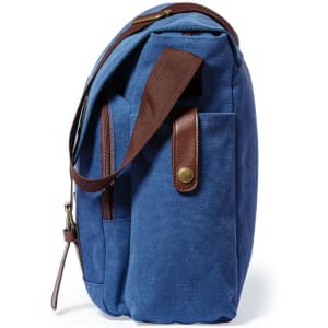 A blue document bag with brown accents and a shoulder strap, featuring pockets and zippered compartments.