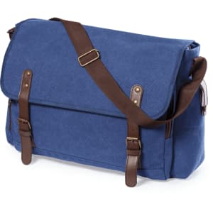 A blue laptop bag with brown leather straps, featuring a fold-over flap and adjustable shoulder strap.