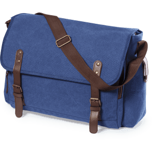 A blue fabric laptop bag with brown straps and buckles, featuring a shoulder strap and front flap.