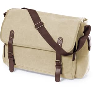 A beige laptop bag with brown leather accents and an adjustable shoulder strap, featuring a flap and two front buckles.