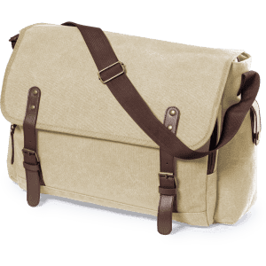 A beige laptop bag with brown straps and buckles, featuring a single adjustable shoulder strap and a flap closure.