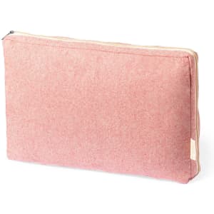 A pink laptop pouch with a zip closure, featuring a soft fabric texture and a logo.