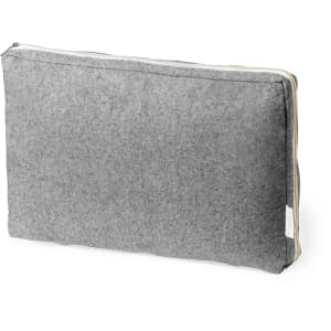 A grey laptop pouch with a zip closure and a subtle branding logo.