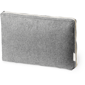 A grey laptop pouch with a zipper and a subtle branding tag on the side.