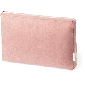A pink laptop pouch with a textured finish and a zipper closure, featuring a small branding label.