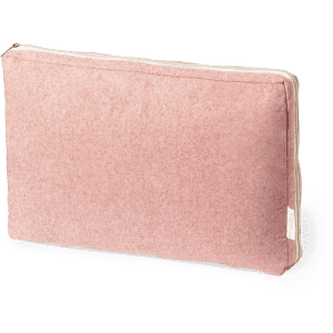 A pink laptop pouch with a textured fabric exterior and a zip closure, featuring a brand logo on the side.