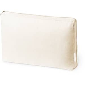 A beige laptop pouch with a zip closure and a logo, designed for carrying laptops securely.
