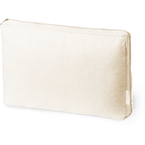A cream-coloured laptop pouch with a zipper and a logo, featuring a soft canvas texture.