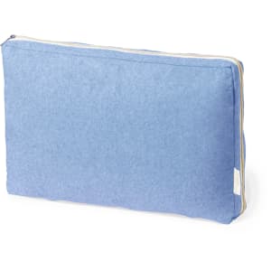 A blue laptop pouch with a zippered closure and a simple design. It features branding on one side.