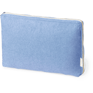 A blue laptop pouch with a zipper, featuring a simple design and a small branding label.