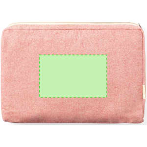 A pink laptop pouch with a textured finish and a blank rectangle area, featuring a logo on one side.