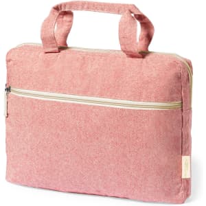 A pink document bag with a zip closure and two handheld straps, featuring an additional front pocket.