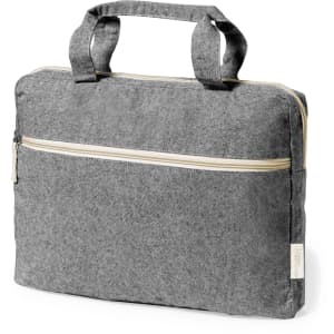 A grey document bag with dual handles and a front zip pocket, featuring a subtle logo on the side.