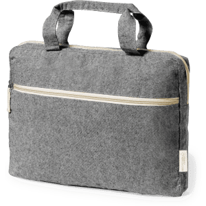 A grey document bag with a zippered front pocket and top handles, featuring a branding logo.