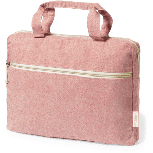 A pink document bag with dual handles and a front zip pocket, featuring a logo on the side.