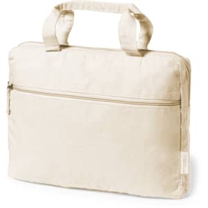 A beige document bag with two handles and a front zipper pocket, featuring a logo.