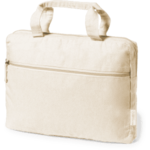 A beige document bag with dual handles and a zippered compartment, featuring a logo on one side.