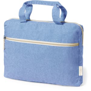 A blue document bag with dual handles and a zippered front pocket, featuring a branding logo.