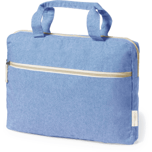 A blue document bag with a zip closure and two handles, featuring a front zipper pocket and branding.