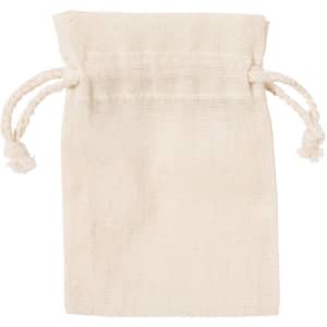 A drawstring bag in natural beige fabric with tied rope closures and no visible branding.