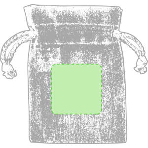 A drawstring bag in grey with a green section, featuring a rounded bottom and two knotted ties.