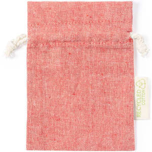 A red drawstring bag made from recycled cotton, featuring a cream-coloured drawstring and a branded tag.