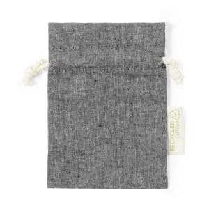 A grey drawstring bag made of recycled cotton with a light-coloured drawstring and a tag.