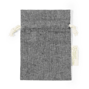 A grey drawstring bag made from recycled cotton, featuring a natural string closure and a label.