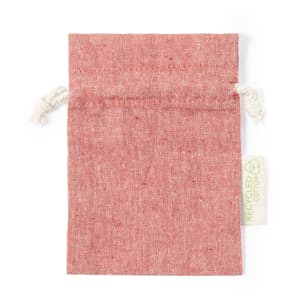 A red drawstring bag made of recycled cotton, featuring a natural twine closure and a small tag.