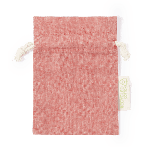 A red drawstring bag made from recycled cotton, featuring a natural string closure and a small tag.